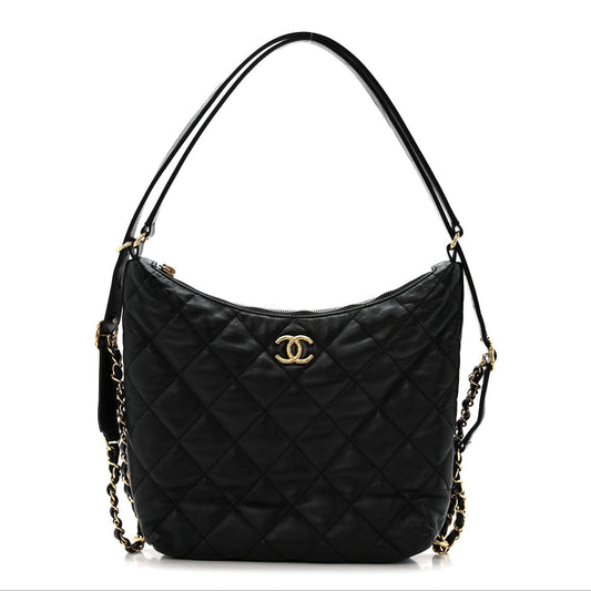 Lambskin Quilted Maxi Hobo Black