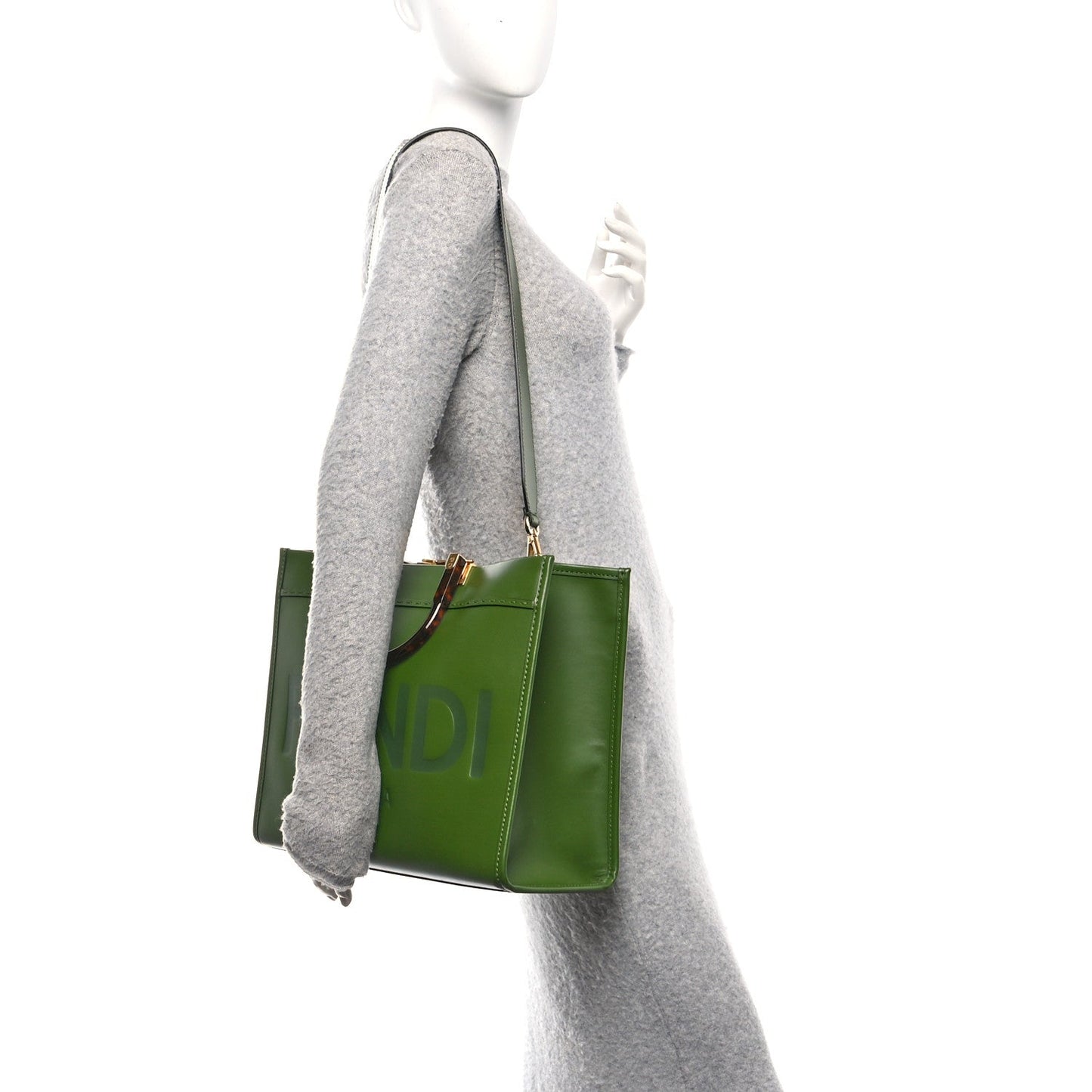 Vitello King Plexiglass Logo Embossed Medium Fendi Sunshine Shopper Tote Avocado