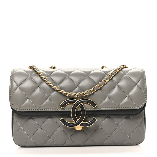 Lambskin Quilted Small CC Chic Flap Grey Dark Navy