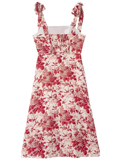 2025 Summer New Romantic Red Floral Waist Tie Holiday Suspender Dress R0922