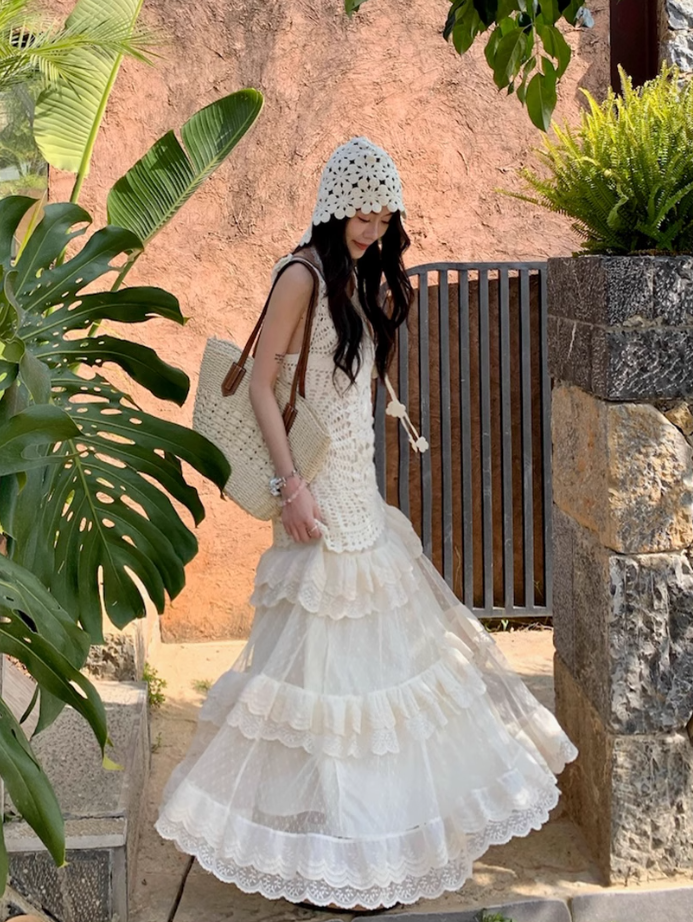 Atmosphere outfit suit holiday beautiful small sling hollow vest skirt a complete set R1746