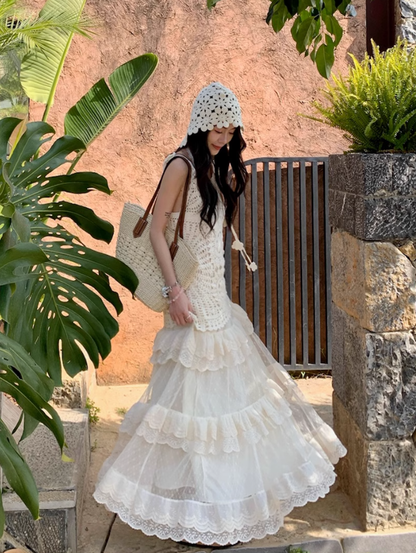 Atmosphere outfit suit holiday beautiful small sling hollow vest skirt a complete set R1746