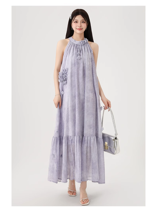 New Fashion Purple Loose-fitting Design Elegant A-line Halter Dress TP3364
