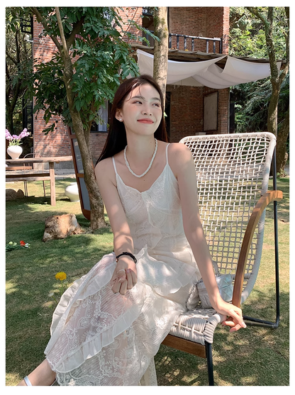 New Fashion White Floral Design Lace A-line V-neck Spaghetti Strap Dress TP3344