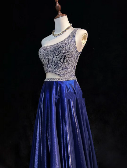 One Shoulder Royal Blue Prom Party Dress Beads Evening Gowns