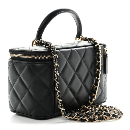 Lambskin Quilted Small Top Handle Vanity Case With Chain Black