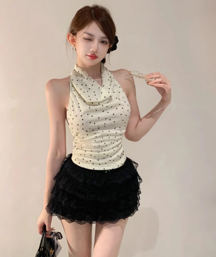 2025 Pure Lace Skirt Set with Polka Dot Swing Neck and Halter Backless Top R1129
