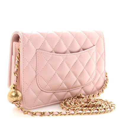 Lambskin Quilted CC Pearl Crush Wallet on Chain WOC Light Pink