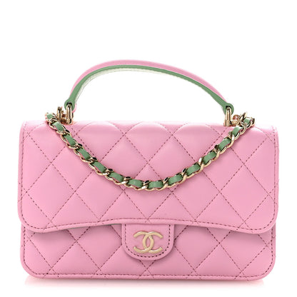 Lambskin Quilted Flap Phone Holder With Chain Lilac Light Green