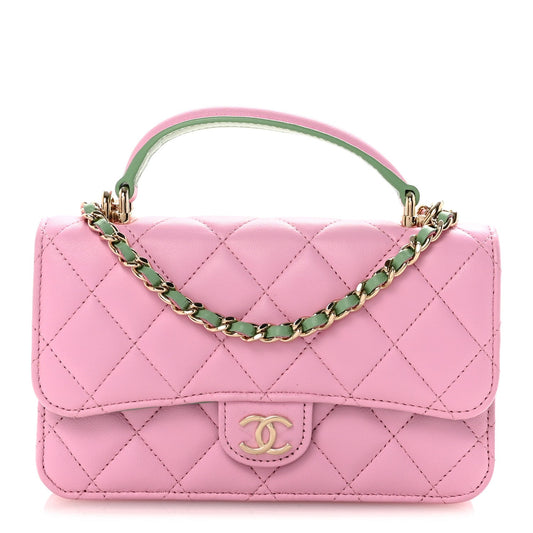 Lambskin Quilted Flap Phone Holder With Chain Lilac Light Green