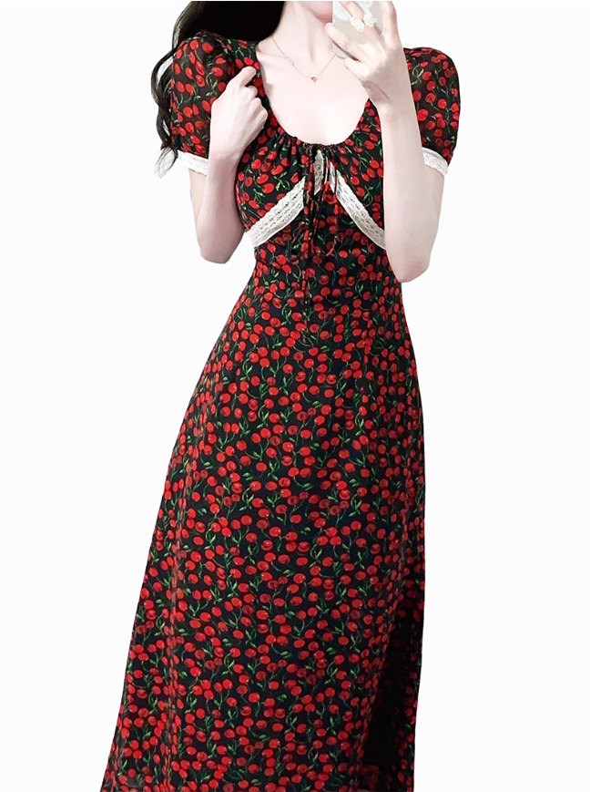 2025 Summer New French Red Cherry Floral Square Neck Short Sleeve Long Dress R0930