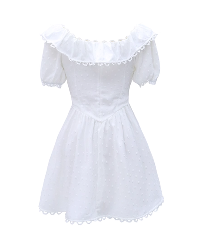 2025 new white short skirt women's French square neck puff sleeve dress waist slimming R0119
