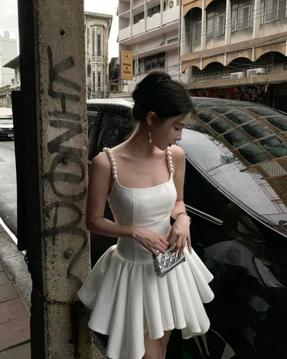 White pearl suspender slim body, irregular skirt, homecoming dress R2513
