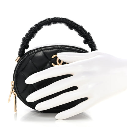Lambskin Quilted Ruched Top Handle Vanity Case Black