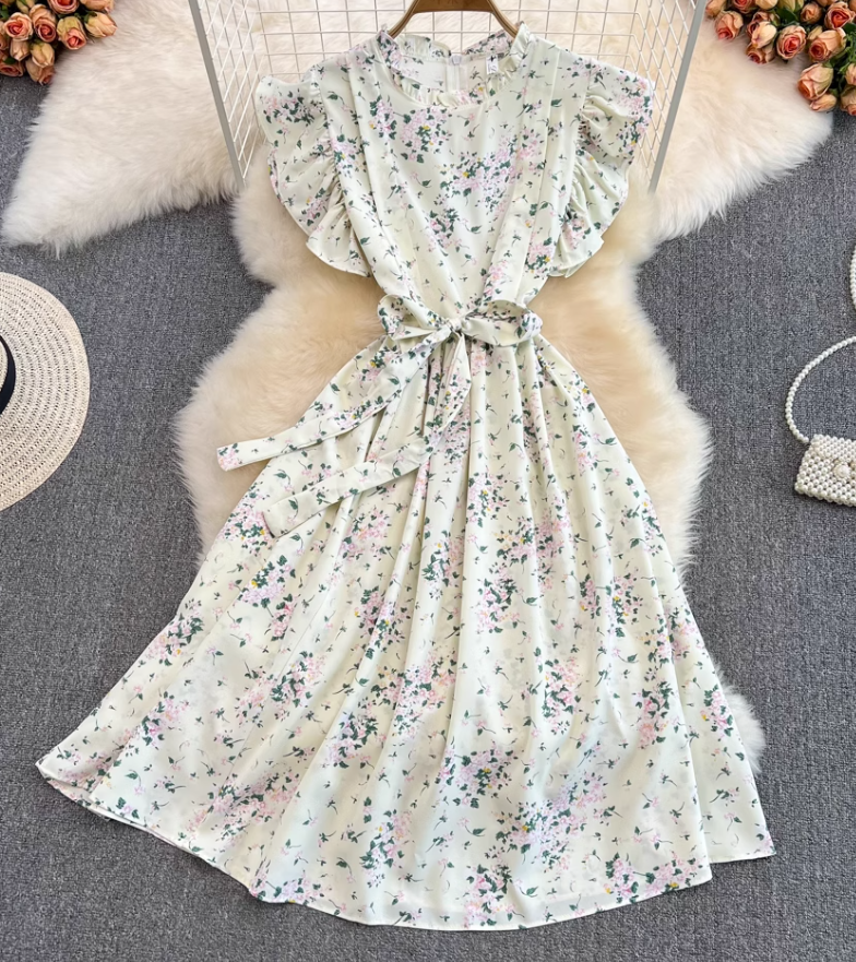 2025 Summer Gentle Style Sweet Ruffled Stand Collar Waist Slim Floral Chiffon Lotus Sleeve Dress R0408