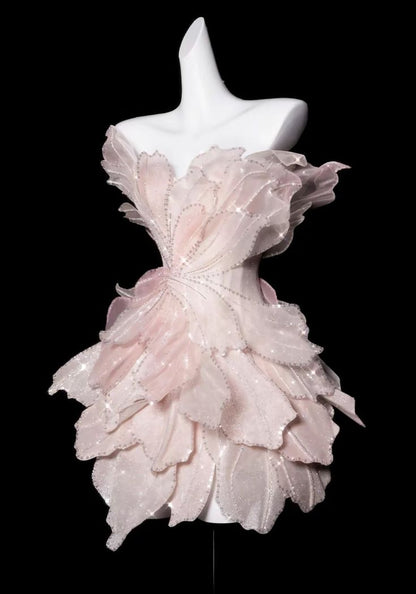 Pink flower design sparkling diamond irregular skirt homecoming dress R2558