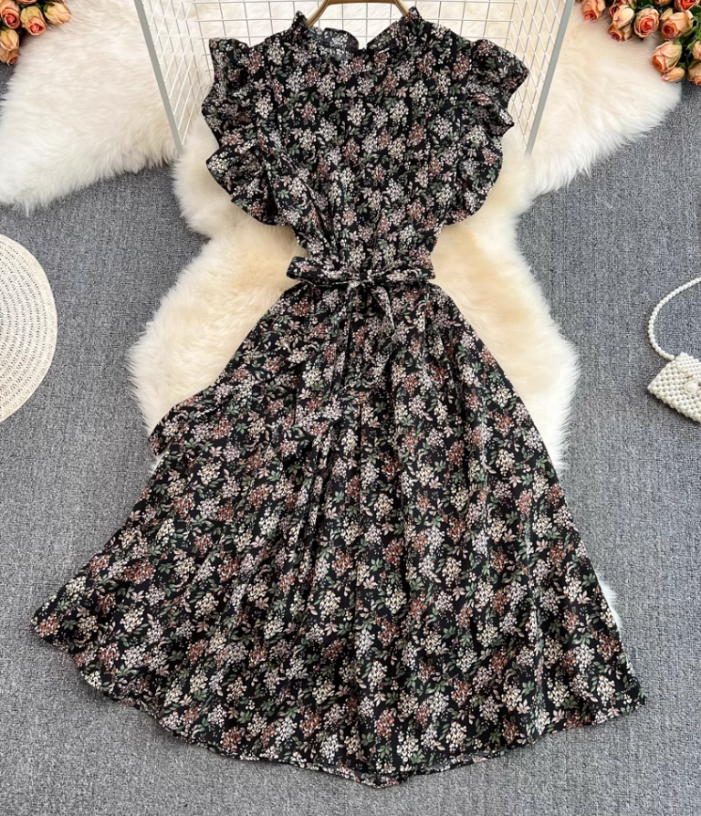 2025 Summer Gentle Style Sweet Ruffled Stand Collar Waist Slim Floral Chiffon Lotus Sleeve Dress R0408