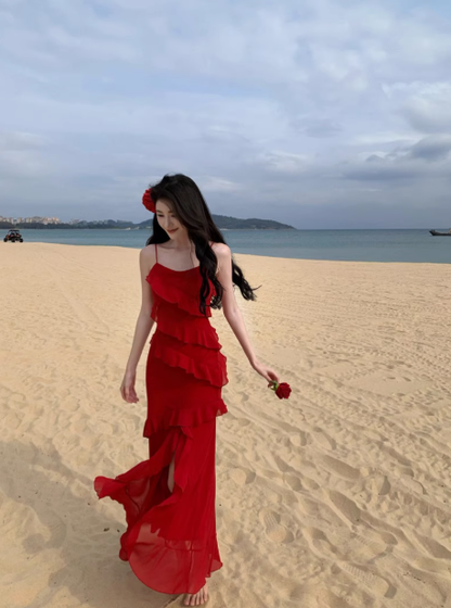 Bright red white suspender dress for women with ruffled slits for travel and holiday R0216
