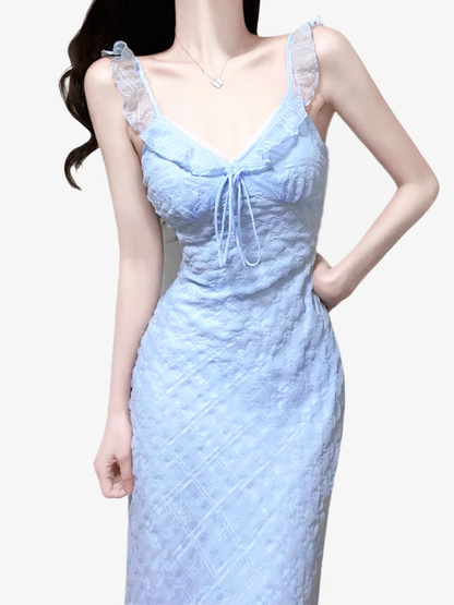 2025 Summer New Blue Mermaid Princess French Flying Sleeve Plaid Long Dress R0957