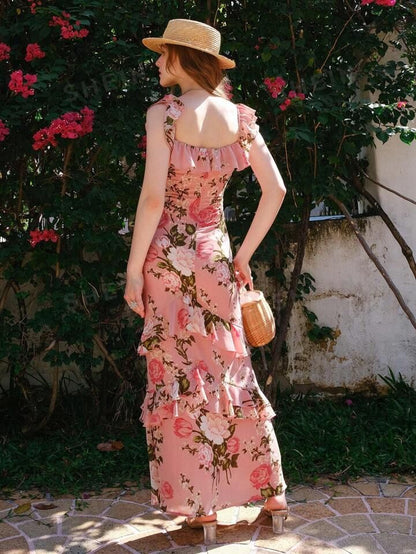 Pink retro rose print one-shoulder slim waist long dress homecoming dress R3251