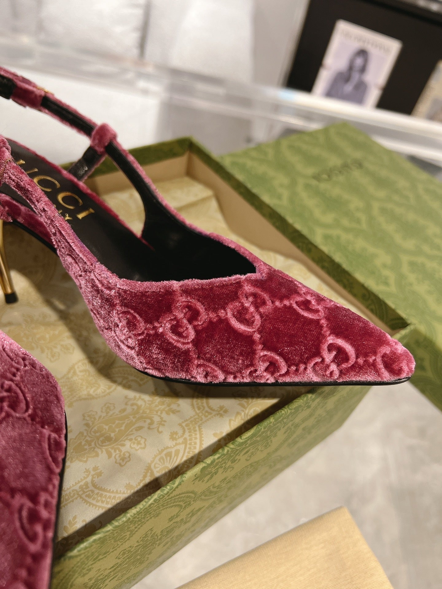 GG SLINGBACK HIGH HEEL PUMP MAGENTA VELVET