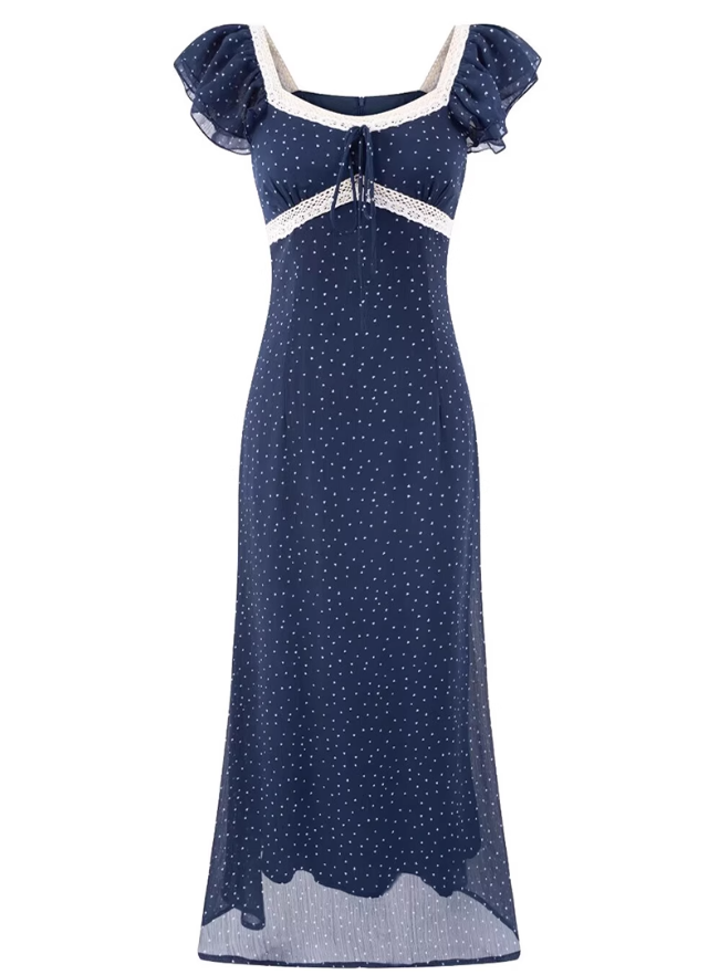 2025 Summer New Navy Retro Polka Dot French Square Neck Short Sleeve Long Dress R0927