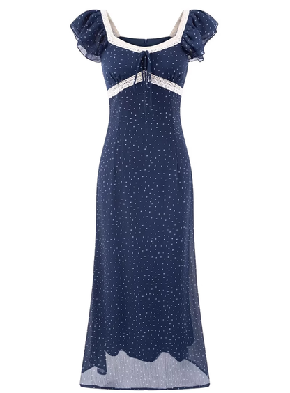 2025 Summer New Navy Retro Polka Dot French Square Neck Short Sleeve Long Dress R0927