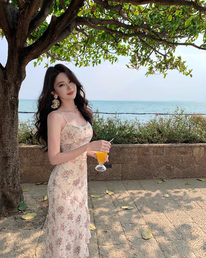 Beautiful floral suspender dress with irregular waist and slim fit R0644