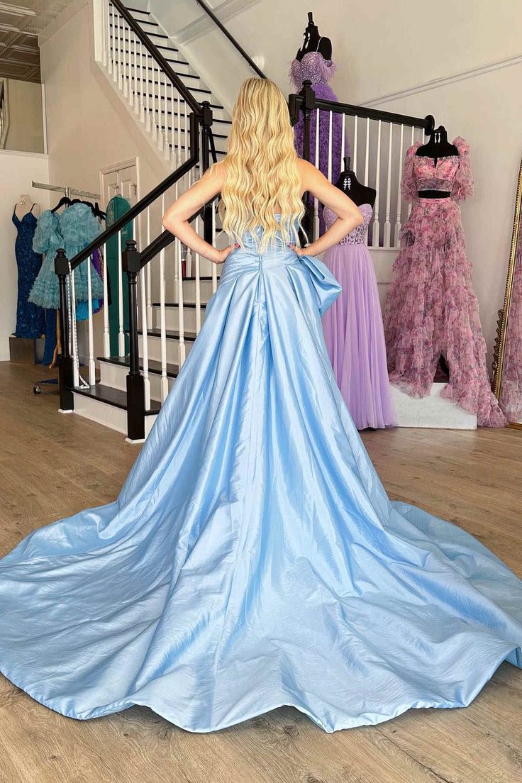 Strapless A-Line Satin Long Evening Prom Dresses With Bowknot