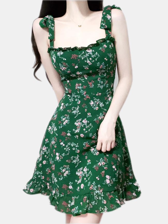 2025 Summer New Retro Green Floral Fungus Small A-line Suspender Dress R0926