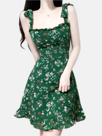 2025 Summer New Retro Green Floral Fungus Small A-line Suspender Dress R0926