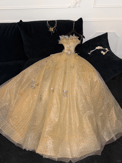 Gorgeous Shiny Yellow Sequin Beaded 3D Butterflies A-Line Floor-length Evening Dress Prom Dresses TP4187