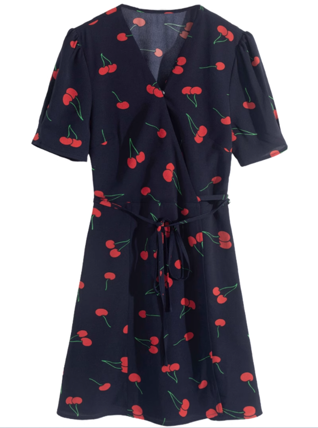 2025 Summer New French Retro V-neck Black Cherry Floral Wrap Dress R0939