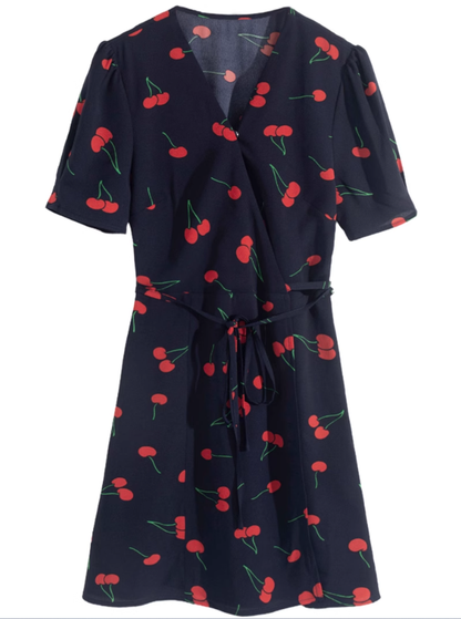 2025 Summer New French Retro V-neck Black Cherry Floral Wrap Dress R0939