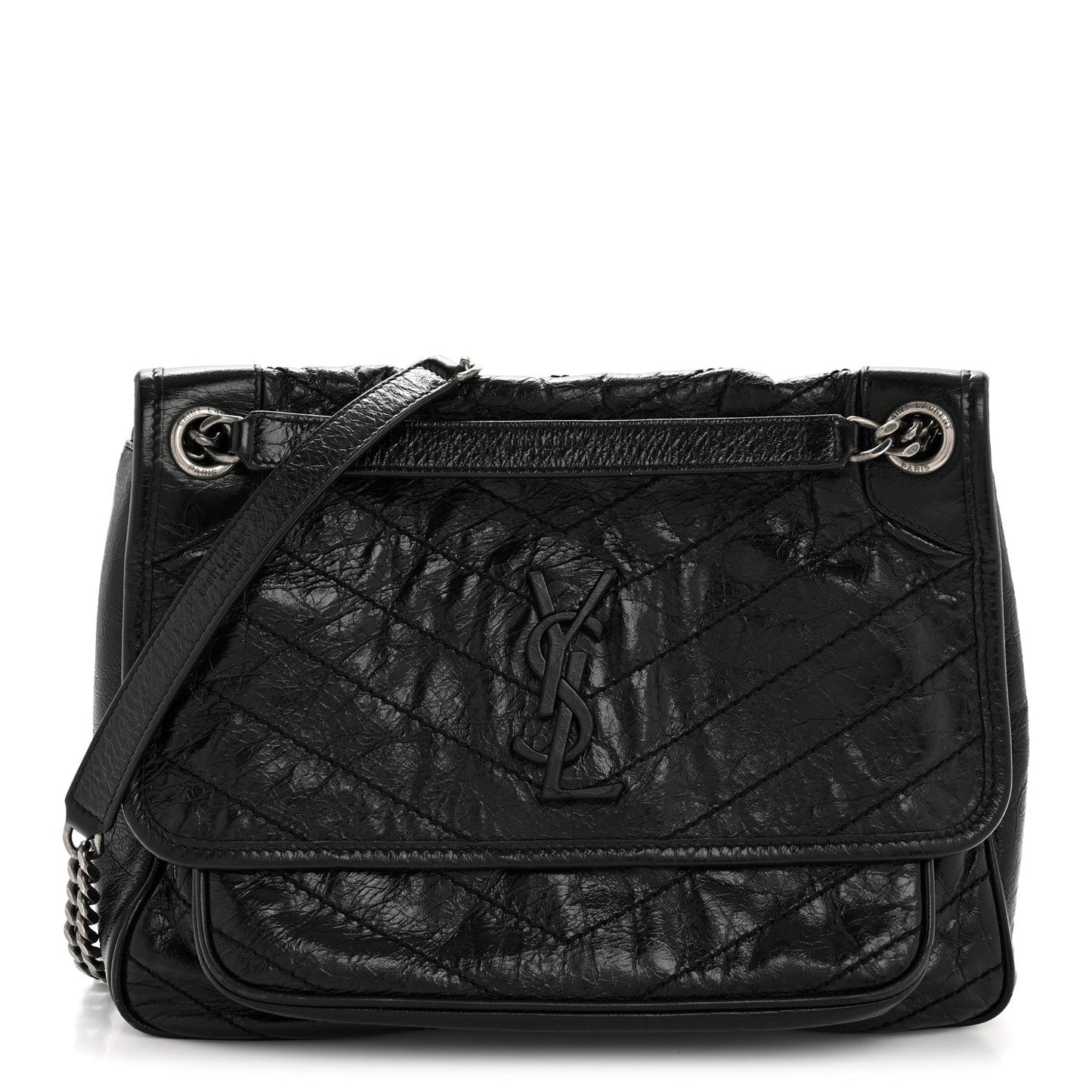 Crinkled Calfskin Matelasse Monogram Medium Niki Chain Satchel Black