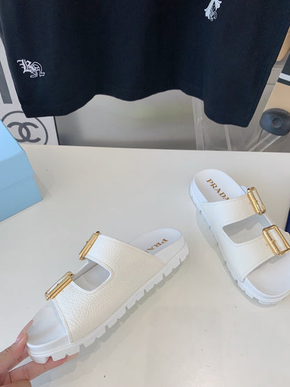 PRA STRAP SLIDES SANDALS WHITE LAMBSKIN