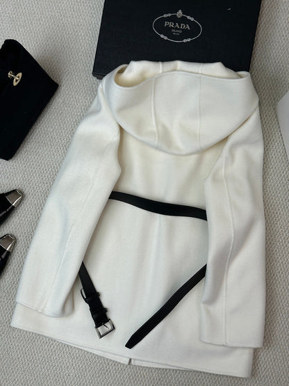 Prada 25 Mid-length Hooded Coat White Black Wool 637352