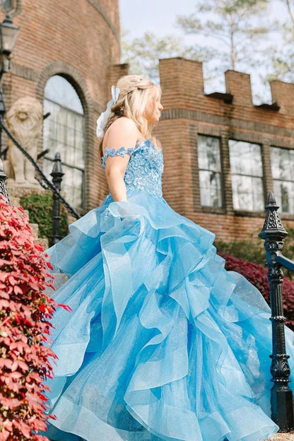 omberprom Elegant Blue Off the Shoulder Ruffle Tiered Tulle Long Prom Dresses with Appliques