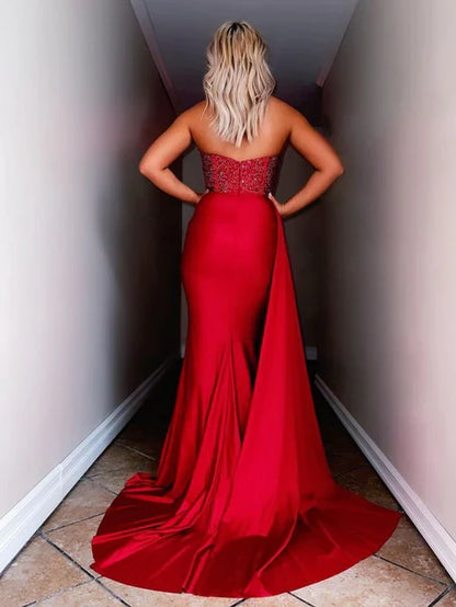 omberprom Fashion Red Evening Dress Strapless Satin Long Prom Dress with Slit