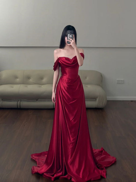 Wine Red Sweetheart Strapless Satin Party Dress, Wine Red Satin Prom Dress