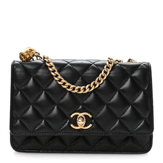 Lambskin Quilted Pillow Crush Wallet On Chain WOC Black