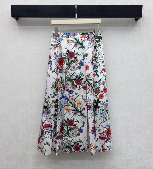 GG SS26 Flora Printed Pleated Midi Skirt White Multicolor Silk 351787