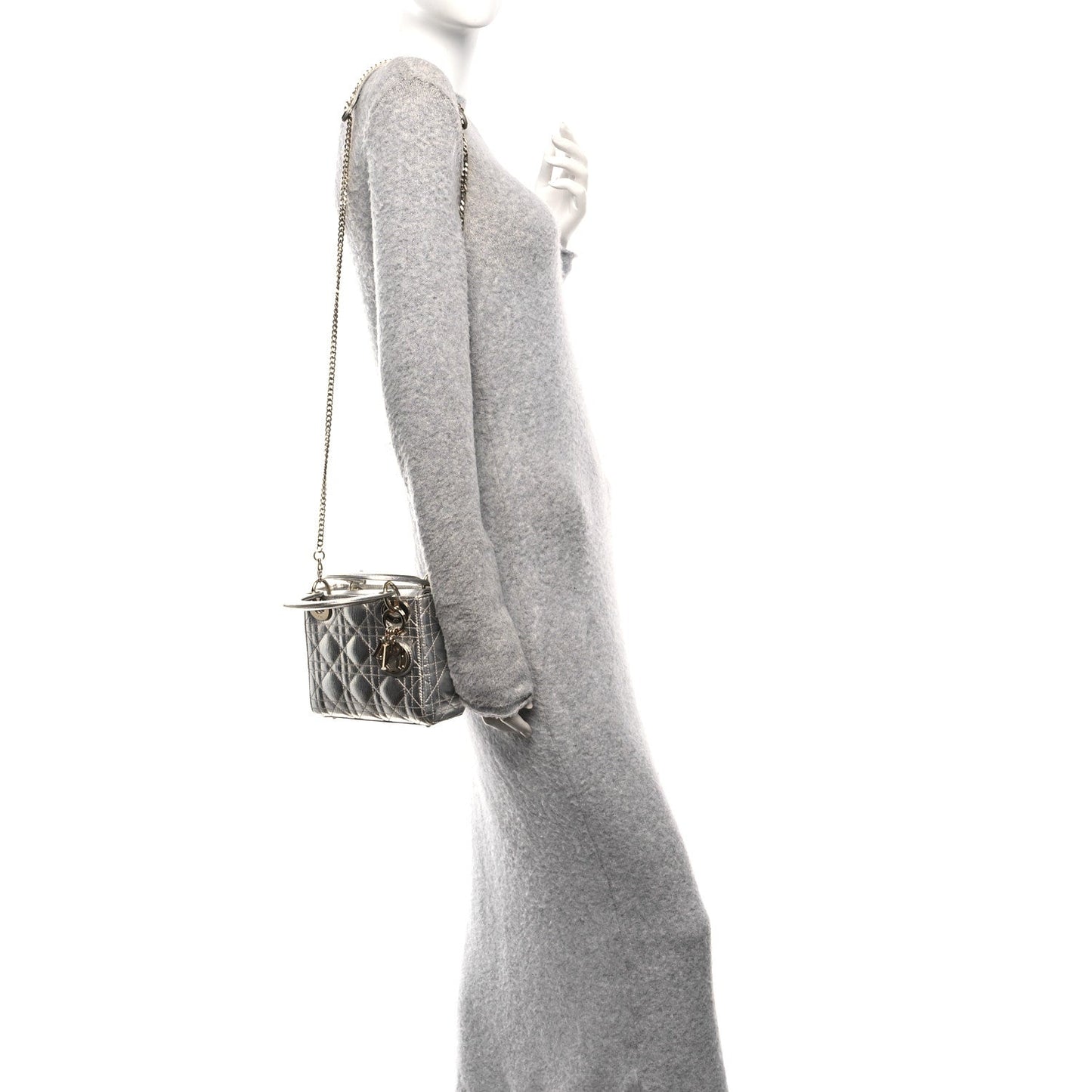 Metallic Grained Calfskin Cannage Mini Lady Dior Silver