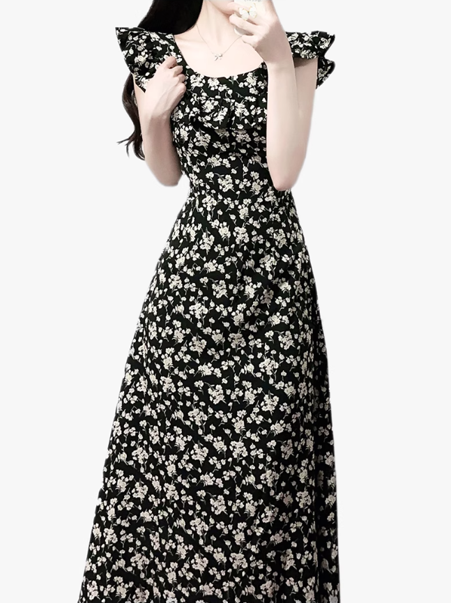 2025 Summer New French Black Floral Ruffled Medium Length Square Neck Dress R0914