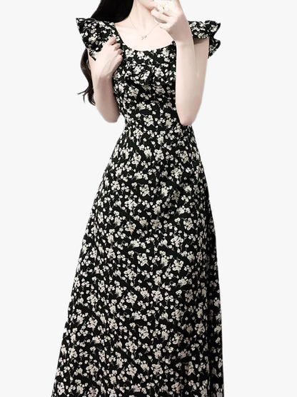 2025 Summer New French Black Floral Ruffled Medium Length Square Neck Dress R0914