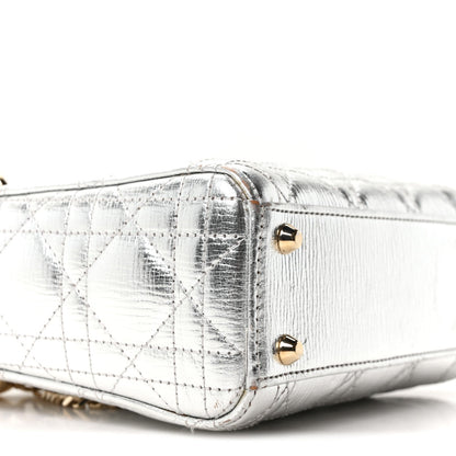 Metallic Grained Calfskin Cannage Mini Lady Dior Silver