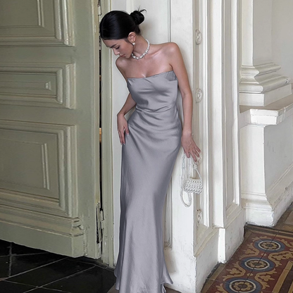 Enchanting Silvery Strapless Satin Mermaid Long Prom Dress Evening Dress TP4348