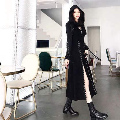 Vintage Hooded Strappy Top Design A-line Sleeveless Spaghetti Strap Split Dress TP3284