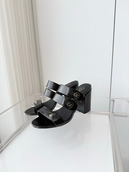Chanel 26 Turnlock 85 Black Sandal Mule in Lambskin 597392
