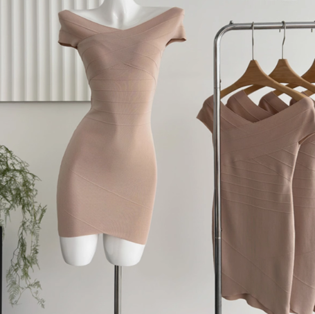 Cross-knitted dress, one-shoulder design, hip skirt, slim fit, ice silk short skirt R0266